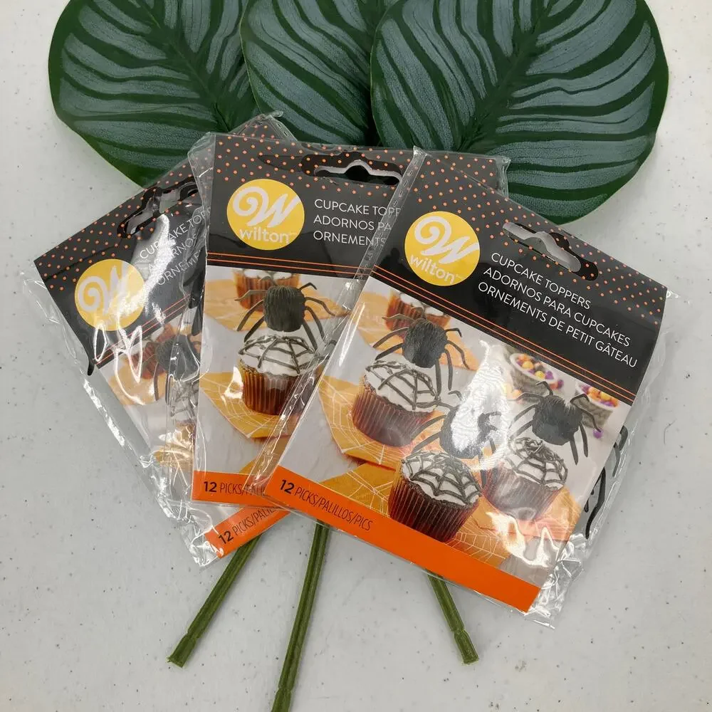Wilton Black Halloween Accordion Spider Paper Plastic Tooth Pick Cupcake Toppers